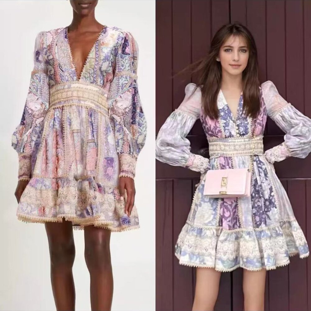 Zimmermann Size 1 Purple Floral Patchwork Mini Dress